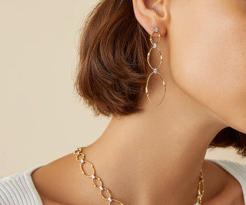 Boucles d'oreilles en or jaune 18 carats. L'or mat est travaillé à la main pour effet satiné .Deux éléments ovales en rangs de spirale torsadée, réalisée selon un savoir-faire exclusif appelé «coil», s’enlacent en donnant naissance à un design élégamment épuré.. Chaque pièce est fabriquée entièrement à la main dans l'atelier de MARCO BICEGO   Longueur: 6,5 cm Or jaune Diamants Total Carat Poids: 0,05 - VS-VVS Référence OG371 B2_YW_M5