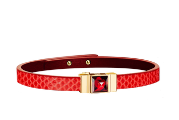Lys and Dheer - Bracelet one tour composé d'un cabochon interchangeable avec monogramme L&D sur le côté. Rail, fermoir et cabochon en laiton miroir, finition or.  Le bracelet: cuir coquelicot finition or Extérieur : Serpent d’eau Coquelicot  Intérieur : Cuir de Veau Box rouge  Le cabochon : ICEBERG Medium, Grenat Rouge (0,35 carats)
