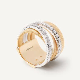 Marco Bicego - Bague 5 rangs entrelacés en or jaune 18 carats et diamants. Une bague moderne tout en volume. Chaque pièce est fabriquée entièrement à la main dans l'atelier de MARCO BICEGO situé au nord de l’Italie. Taille spécifique possible sur commande. existe en or blanc    Diamants : 0,78 carats Référence : AG331 B YW